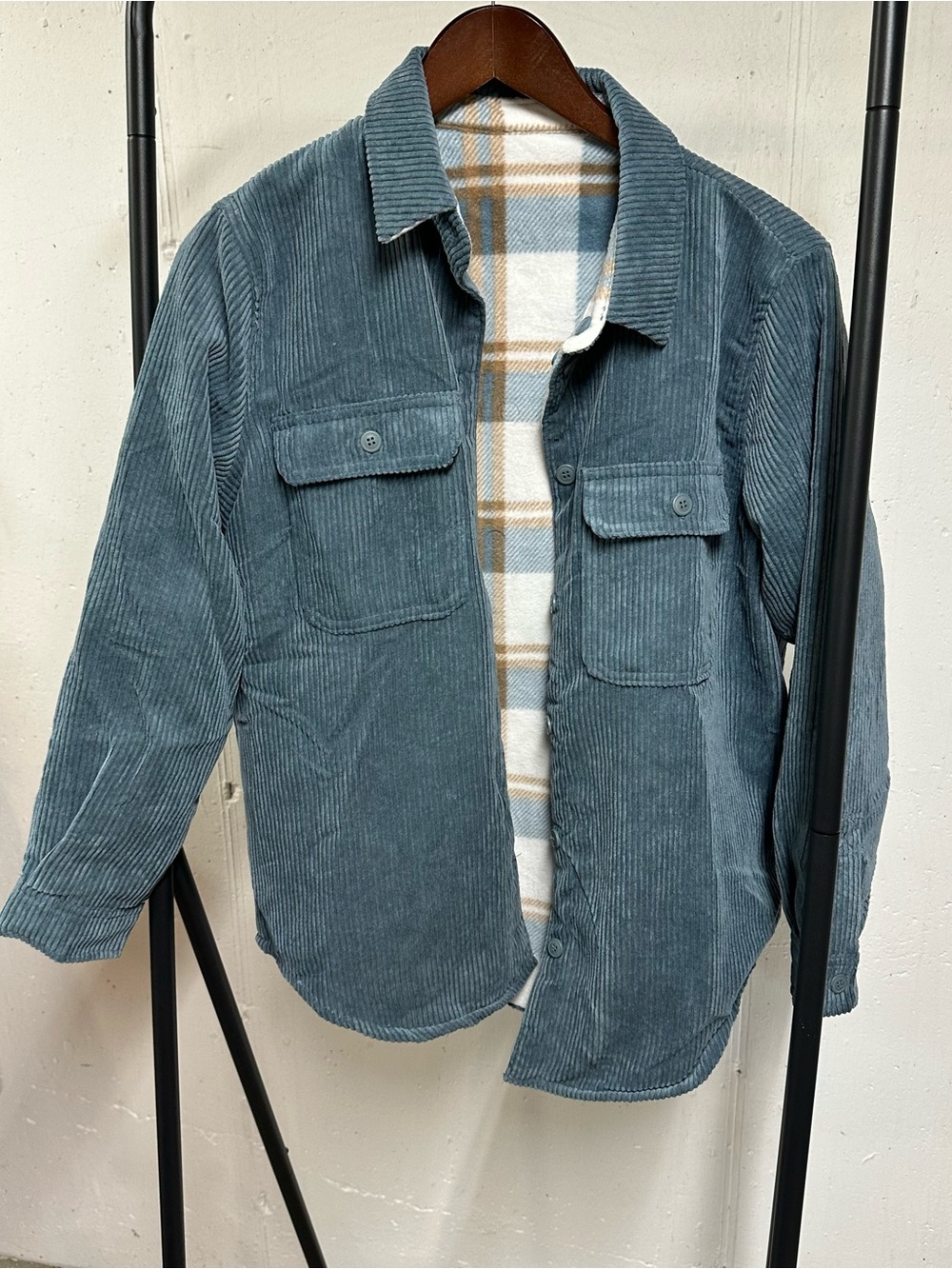 Corduroy Button-Front Reversible Shacket in Teal Blue 🐠